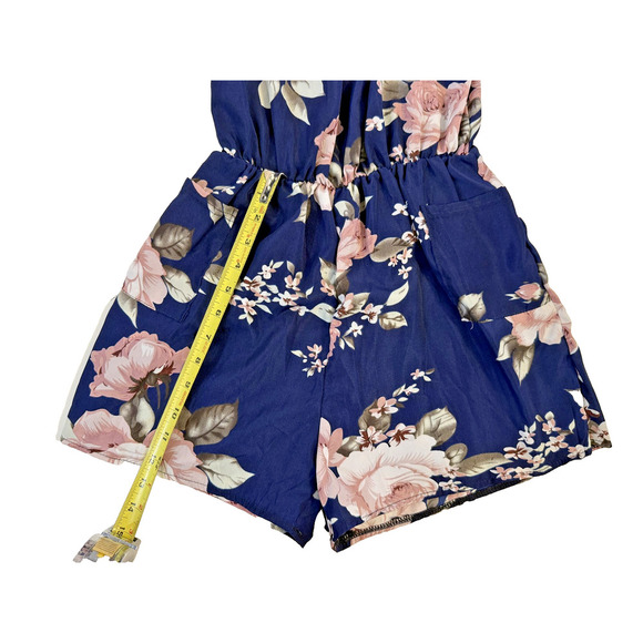 Floral Romper Womens Small Navy Blue Pink Rose Drawstring Waist Pockets Summer - Picture 3 of 3